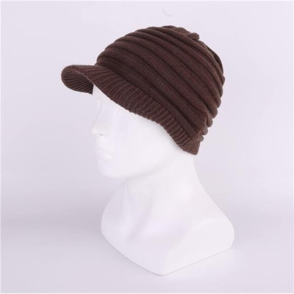 Unisex Winter Hats with Visor Warm Ski Hat Brown -Striped - Picture 2 of 5